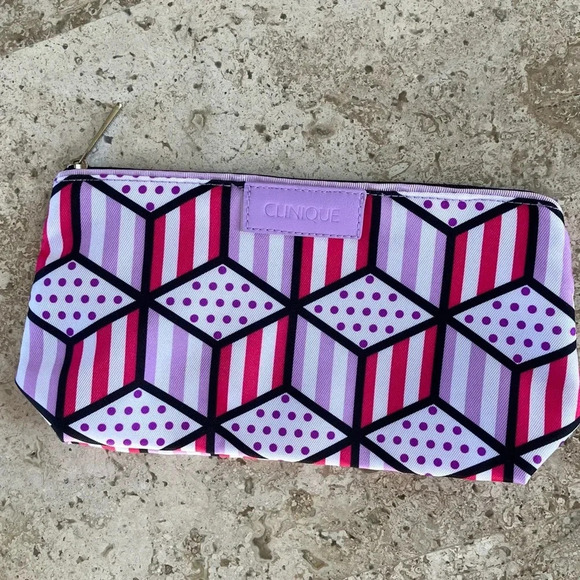 Clinique Pink & Purple Stripes and Polka Dots Cosmetic Makeup Bag - Picture 1 of 7